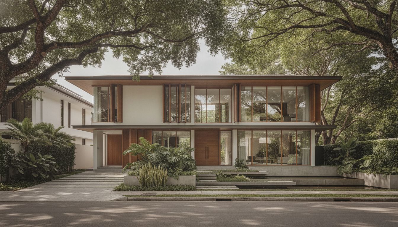 Contemporary Singapore District 10 landed home facade with landscaped front garden