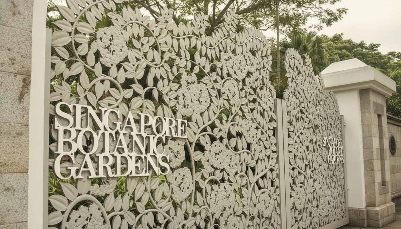 Landed home entrance gate with stone walls and tropical planting