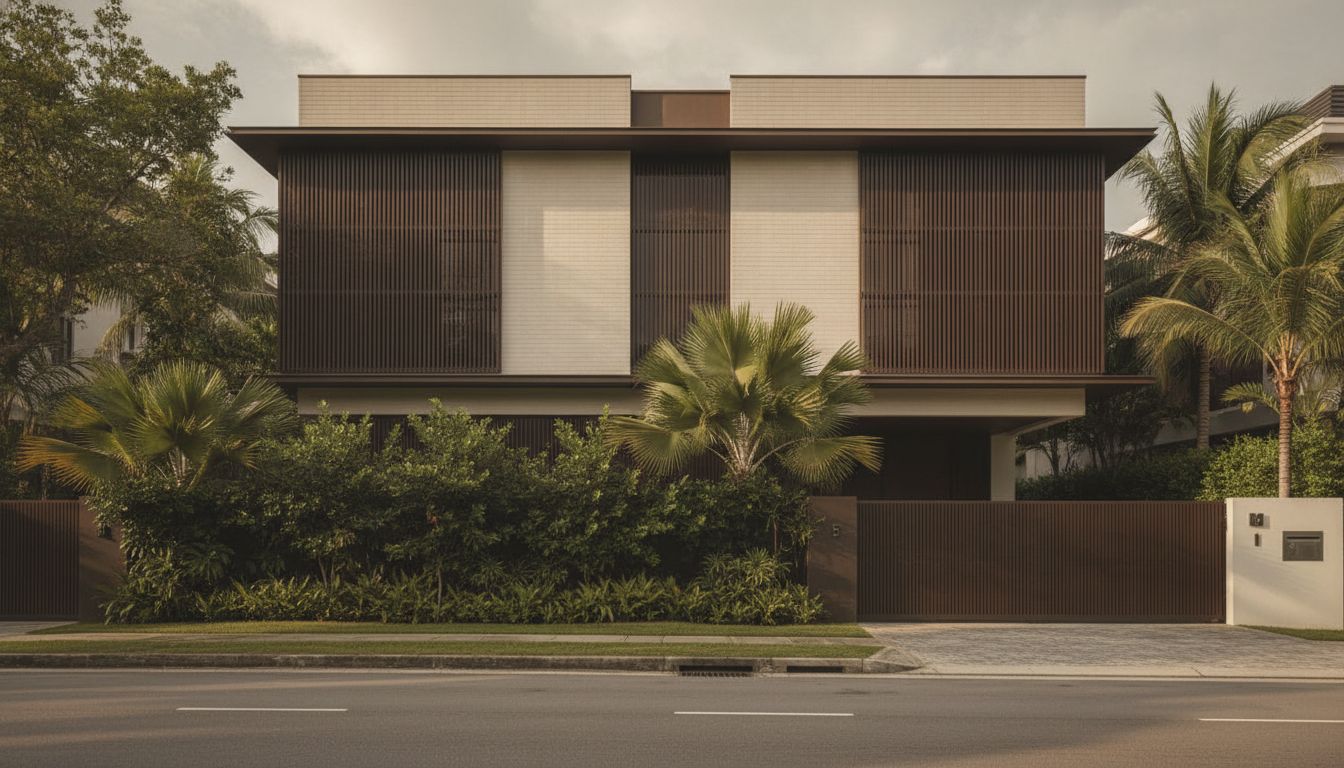 Modern Singapore landed house facade with tropical landscaping