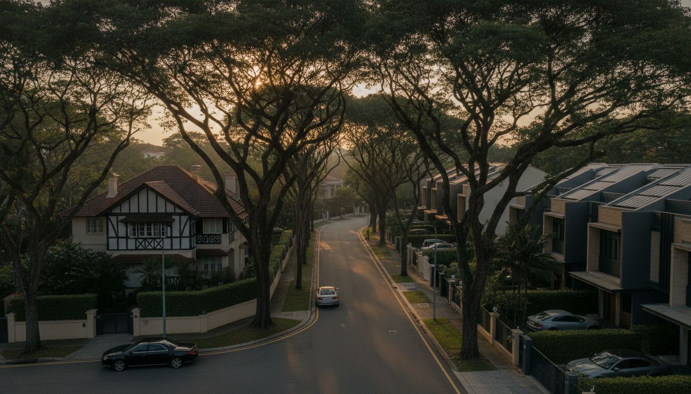 Tree-lined District 10 landed home streetscape in Singapore