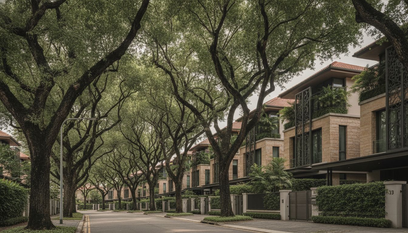 Tree-lined street of landed homes in Singapore District 10